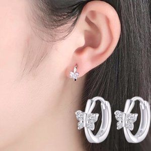Beautiful 925 Silver White Sapphire Small Butterfly Hoops